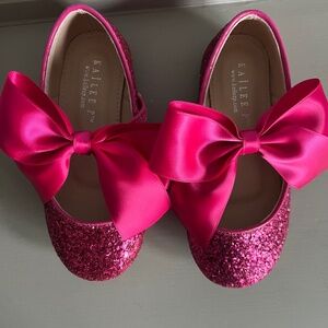 Hot pink rock glitter Maryjane flats with satin bows